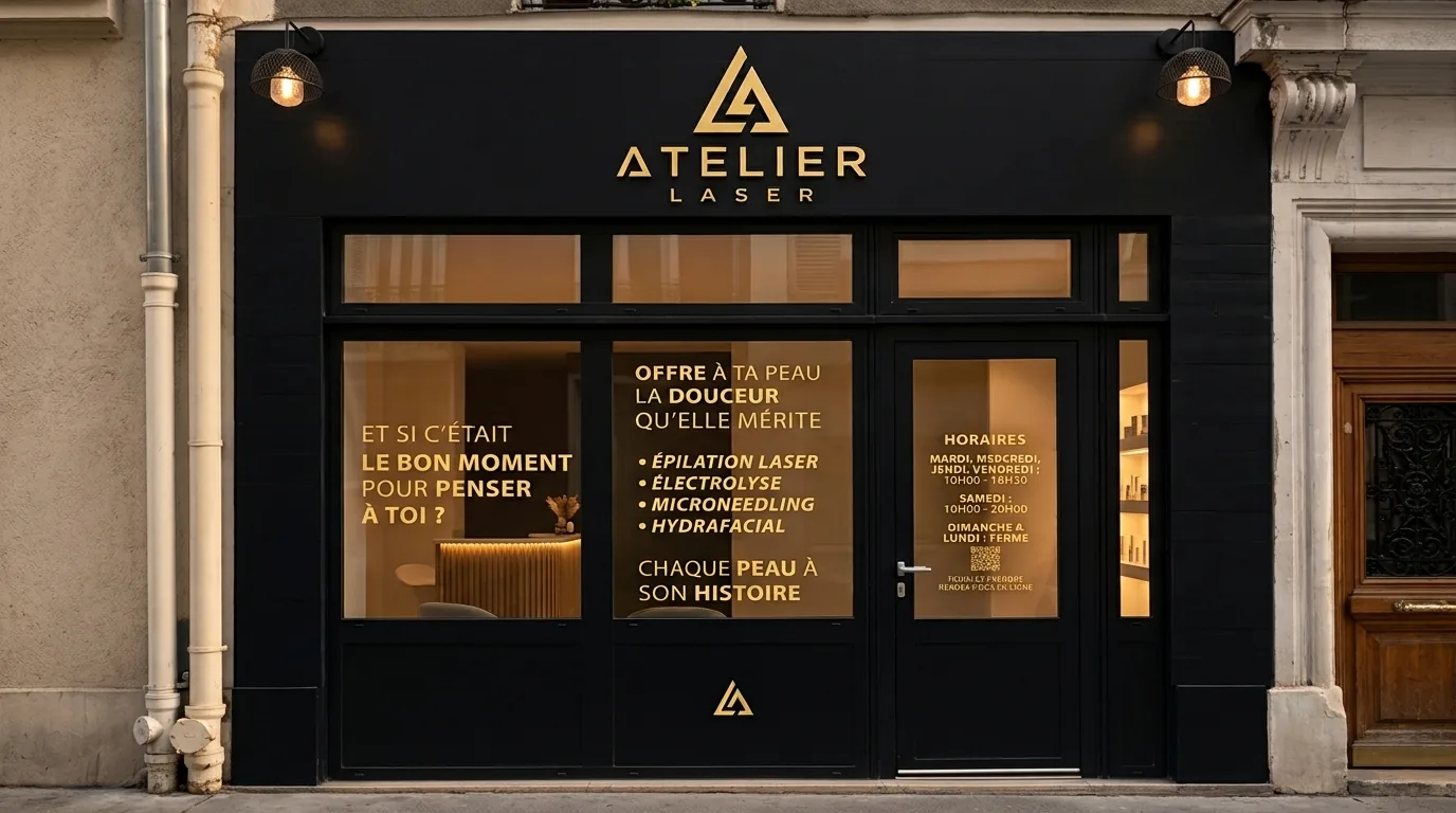 La devanture de l'Atelier Laser 17 la nuit, laque noire et lettrage doré, 24 rue des Épinettes à Paris 17e
